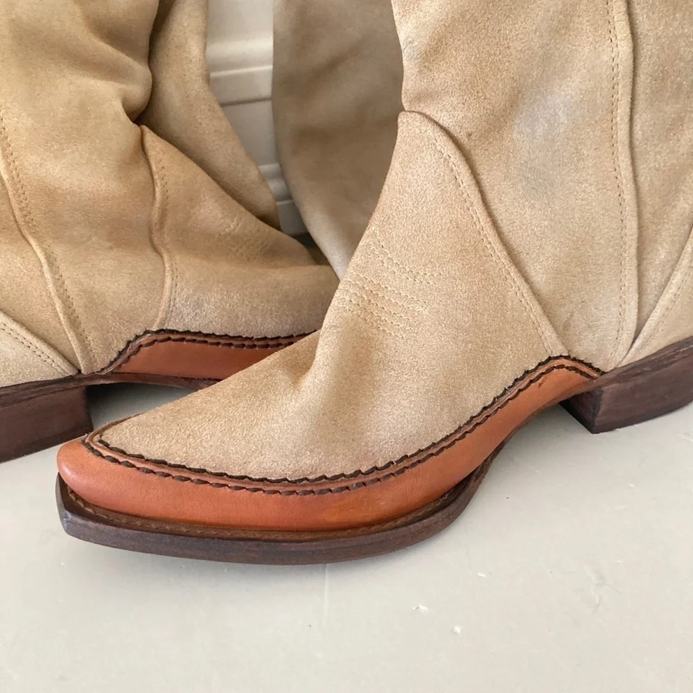 NWOT Free People Sterling Tan Suede Knee High Western Boots Sz 36